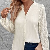 Χαμηλού Κόστους Απλές μπλούζες-Γυναικεία Casual πουκάμισο Πουκάμισο με κουμπιά Μπλούζα γραβάτα μπροστά Δαντέλα Κουμπιά Συμπαγές Χρώμα Καθημερινά Στυλάτο Καθημερινό Μακρυμάνικο Λαιμόκοψη V Όρθιος Γιακάς Κανονικά μπλουζάκια