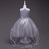 abordables Robes de Fille de Fleurs-Robe de Demoiselle d'Honneur Fille Fille Robe de soirée Tenue de mariage Soirée Mariage Formel Élégant Mode Beau Maille Fleuri Sans manches Col Rond Gris bleu marine 4 ans et +