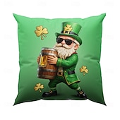 olcso Díszpárnahuzatok-Szent Patrik-napi lóhere manó sör díszpárnahuzat 45x45 cm, vintage retro zöld 3D nyomtatott dekoratív párnahuzat