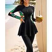 cheap One Pieces Rash Guards-Women's Rash Guard Bathing Suit 2 Pieces Tropical Zip Up Full-Length Leg UV Protection Elastic Long Sleeve Swimwear Swimsuit Surfing Beach Swimming Spring