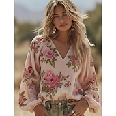  dame bohemsk bluse pustende lett blomstret grafisk vintage stilig langermet v-hals vanlig topper gul rosa marineblå sommer vår