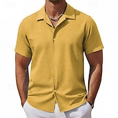 preiswerte Smart Casual Hemden für Herren-Herren Hemd Textur Freizeithemd Knopfhemd Gelb Rosa Kaki Kurzarm Einfach Hemdkragen Lässig Täglich Jacquard Bekleidung Elegant Mode Lässig