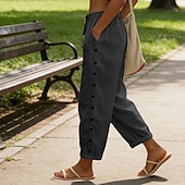 お買い得  ラグジュアリー ボトムス-女性用 コットン ズボン サマーパンツ ビーチパンツ 旅行度假风 ファッション カジュアル 普段着 足首丈 ハイウエスト 平織り 弾性ウエスト サイドボタン ライトウェイト 快適 高通気性 伸縮性なし ストリートウェア ビーチ 祝日 ブルー ブラック ホワイト カーキ色 夏 春 秋 レギュラー