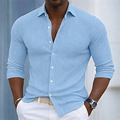 baratos Camisas casuais inteligentes masculinas-Homens Camisa Social Malha canelada Textura Camisa casual camisa de botão Azul Branco Azul Marinha Cinzento Manga Longa Tecido Tiras verticais Colarinho de Camisa Casual Diário Bolso frontal Roupa