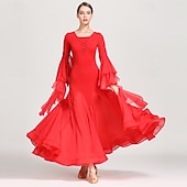 economico Sala da Ballo Standard-abito da ballo da sala nero da donna con scollo a V, maniche a balze multistrato, abito da valzer, abbigliamento da ballo moderno standard da competizione