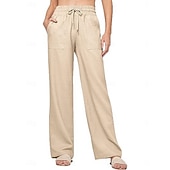 halpa Oleelliset keinotekoiset alaosat-Naisten Puuvillaiset pellavahousut Kiinalainen Kesähousut Suora Loma Perus Vapaa-aika Täyspitkä Korka vyötärö Yhtenäinen väri Tasku Elastinen vyötärönauha Mukava Pehmeä Elastinen ulko- Katu Sininen