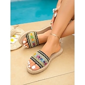 preiswerte Frauen-Bestickte, flache Damen-Sandalen im Boho-Stil mit gewebter Sohle – farbenfroher, tropischer Resort-Look, bequeme Sommerpantoletten zum Entspannen am Pool und für Inselurlaube