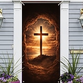 cheap Holiday Tapestries-Easter Door Cover with Majestic Cross at Sunrise in Tomb Cave, Christian Religious Decor for Easter Worship, Perfect for Holy Week and Spring Home Accent