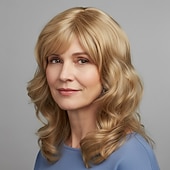cheap Older Wigs-Silver Grey Wigs for Women, Shoulder Length Wavy Hair with Side Bangs, Natural Looking Heat Resistant Synthetic Wig for Daily Wear, Party