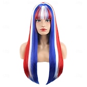  Peruca Vermelha Branca e Azul com Franja Perucas do Dia da Independência para Mulheres e Meninas Peruca Longa Lisa Sintética Resistência ao Calor Cosplay