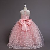 baratos Vestidos de Menina das Flores-Vestido para Meninas das Flores Para Meninas Vestido formal Traje de casamento Festa Casamento Formal Moda Adorável Formal Patchwork Com Transparência Floral Princesa Sem Manga Gola Redonda Azul