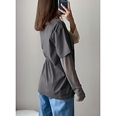 halpa Yksinkertainen t-paita-Naisten 100 % puuvillaverkkopaita tilkkutyö pitsi tilkkutyö feikki kaksiosainen yhdenvärinen tyylikäs rento pitkähihaisella pyöreällä kaula-aukolla säännölliset paidat päivittäinen ulkona musta khaki