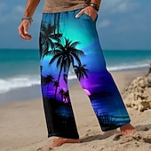 halpa Miesten painetut vapaa-ajan housut-Miesten Kookospuu Auringonlasku Trooppiset kasvit Housut Rennot housut Roikkuvat housut Keskivyötärö Havaijilainen ulko- Loma Ranta-asut Joustava kiristysnyöri vyötäröllä Pellavamaiset housut