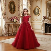 abordables Robes de Fille de Fleurs-Robe de Demoiselle d'Honneur Fille Fille Robe de soirée Tenue de mariage Soirée Mariage Formel Mode Princesse Beau Maille Couleur Unie Sans manches Col Rond Bleu Jaune 4 ans et +