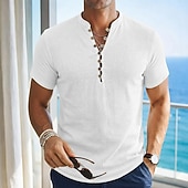 cheap Vacation-Men's Linen Shirt Popover Shirt Summer Shirt Beach Wear Casual Shirt Band Collar Shirt Plain Casual Daily Gray Light Blue Short Sleeve V Neck Summer Clothing Apparel