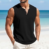 voordelige Katoenen Linnen T-shirts-Voor heren T-shirt Linnenachtig T-shirt Mouwloos Korte mouw V-hals Henley Zomer Effen Met Textuur Modieus Klassiek Casual Puur Casual Straat Sport Wit Top T-shirt voor mannen