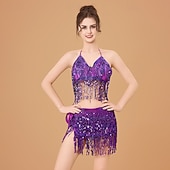 cheap Tops &amp; Sets-Samba Dancewear Purple Sequin Tassel Belly Dance Setl Performance Costume