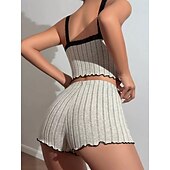 abordables Hauts et bas de nuit pour femmes-Femmes Ensemble Pyjama Occasionnel Confort Couleur Unie Dentelle Taille Élastique Shorts Quotidien Maison Sans manches Bretelles Bleu Blanche Rose Claire Vin Gris Été Printemps Coupe régulière