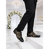 Χαμηλού Κόστους Βασικά Παπούτσια-Κομψά ανδρικά δερμάτινα νυφικά παπούτσια - μαύρα με χρυσό φλοράλ μοτίβο, υποδήματα υψηλής ποιότητας για γάμους και επίσημες γιορτές