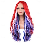  Peruca para Mulheres para o Dia 4 de Julho Longa Cacheada Vermelha Branca e Azul Fantasia para Festa do Dia da Independência