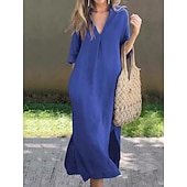 cheap Plain Dress-Women's Maxi Dress Shift Dress Summer Dress Casual Daily Loose Fit Plain 3/4 Length Sleeve V Neck Blue Black White Red Summer Spring Fall