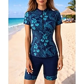 preiswerte One Pieces Rash Guards-Damen Anti UV Shirt Badeanzug 2 Teile Bedruckt Oberschenkelmitte UV Schutz Schnelltrocknend Elastisch Kurzarm Bademode Badeanzug Surfen Strand Schwimmen Sommer