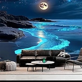 olcso Faliszőnyegek-biolumineszcens tengerparti gobelin holdfény óceán hullám éjszakai égbolt csillagos fali dekoráció fantázia tájkép hálószobába nappali lakberendezés