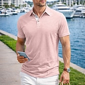 baratos Polo Clássico Masculino-Camisa polo masculina de algodão e bambu, estilo polo, casual, para trabalho, com gola polo e lapela, manga curta, básica, moderna, cor sólida, patchwork e botões, ideal para verão e primavera. &amp;polo
