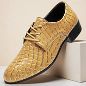 economico Scarpe Derby-scarpe eleganti da uomo con stampa coccodrillo gialla, design in similpelle con lacci, stile lussuoso e distintivo, adatte per eventi formali e occasioni speciali