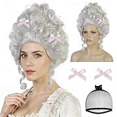 halpa Historialliset peruukit-Vintage-viktoriaaniset peruukit naisille, joissa on kaksi rusettiklipsiä, pörröinen rokokoo-peruukki, barokkityylinen siirtomaa-ajan renessanssiperuukki, asu cosplay-juhliin, hiusmyssy