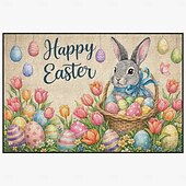 baratos Capacho-Tapete de Páscoa com mensagem de Feliz Páscoa, coelhinho na cesta de ovos e tulipas coloridas, perfeito para dar as boas-vindas à primavera.