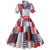 baratos Vestidos-250º Aniversário EUA Anos 50 Retro Vintage Meio-dia Vestidos Vestido swing Vestido Flare Mangas curtas Linha A Fantasia Mulheres 4 de julho Dia da Independência Adulto Vestido Primavera Verão