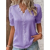  Pentru femei Tricou Tee Top Dantelă Peteci Simplu Modă Stilat Clasic Manșon scurt În V Topuri obișnuite Zilnic Ieșire Sfârșit de săptămână Negru Alb Galben Albastru celest Mov Vară Primăvară