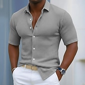  Voor heren Overhemd Wafel Shirt Textuur Normaal shirt Overhemd met knopen Zwart Marineblauw Hemelsblauw Groen Grijs Korte mouw Effen Revers Casual Dagelijks Kleding Modieus Modern Casual Comfortabel