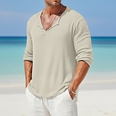 cheap Cotton Linen T-shirts-Men's Linen Shirt T Shirt Tee Long Sleeve Shirt Long Sleeve V Neck Summer Spring &amp;  Fall Solid Color Vintage Fashion Casual V Neck Plain Casual Daily Work Black White Navy Blue Top Tee for Men