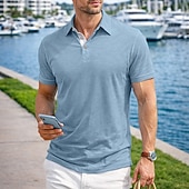 baratos Polo Clássico Masculino-Camisa polo masculina de algodão e bambu, estilo polo, casual, para trabalho, com gola polo e lapela, manga curta, básica, moderna, cor sólida, patchwork e botões, ideal para verão e primavera. &amp;polo