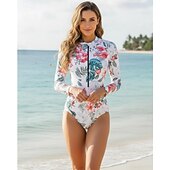 זול רש גארדים One Piece-בגדי ריקוד נשים מגן מפריחה בגד ים עם הדפס פרחוני בגד ים טרופי לרכוס קל במיוחד (UL) הגנת UV אלסטי שרוול ארוך בגדי ים גלישה שנרקול אביב