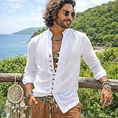 billiga Semester-herrskjorta linneskjorta sommarskjorta vardagskjorta bohemskjorta enfärgad vardaglig blå svart vit rosa långärmad mandarinkrage sommar vår &amp;höstkläder