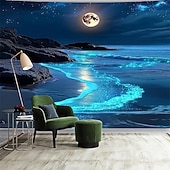 olcso Faliszőnyegek-biolumineszcens tengerparti gobelin holdfény óceán hullám éjszakai égbolt csillagos fali dekoráció fantázia tájkép hálószobába nappali lakberendezés