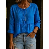 baratos Camisas-Mulheres Camisas com toque de linho Blusa Franzido Côr Sólida à moda Casual Manga Longa Gola Redonda Tops regulares Diário Azul Branco Verde Claro Rosa Verde Verão Primavera Outono