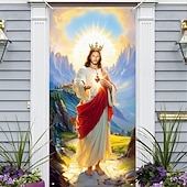 cheap Holiday Tapestries-Easter Door Cover with Sacred Image of Jesus Christ, Christian Religious Home Decoration for Holy Celebrations, Perfect for Easter and Spring Religious Decor for Doors and Entryways