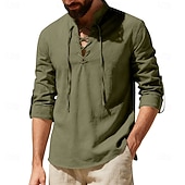 Недорогие Классический-Муж. Рубашка Льняная рубашка Стиль Викингов Летняя рубашка Одежда для пляжа Рубашка с воротником-стойкой Сплошной цвет Повседневные Отпуск Черный Белый Зеленый Цвет хаки Длинный рукав