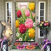 cheap Door Covers-Easter Spring Tulips Door Cover, Vibrant Red, Yellow, and Pink Blooms with Dew Drops, Fresh Floral Bunny Decor for Holiday Doors and Outdoor Spring Decorations