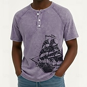 preiswerte Vintage&amp;amp;Retro-Herren Vintage Segelboot Henley Hemd T-Shirt Gewaschenes Hemd Kurzarm Vintage Designer Lässig Lässig Täglich Outdoor Sommer Frühling Ganzjahres Hellblau Violett Grau Henley Henley T-Shirt