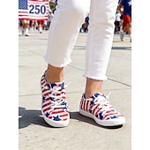  Women's USA Red Blue Lace-up Canvas Shoes – Vintage Patriotic Casual Sneakers for Independence Day, Parades, City Walking, United States Anniversary, Travel & Everyday Outfits