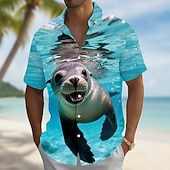 Χαμηλού Κόστους Ocean Print-Ανδρικά Ζώο Ιπποπόταμος Σφραγίδα Χαβανέζικο πουκάμισο Πουκάμισο με κουμπιά Πουκάμισο Aloha Κοντομάνικο Αστείος Διακοπές Ρούχα παραλίας Καλοκαίρι Άνοιξη Απορρίπτω 3D εκτύπωση γιακά πουκάμισα