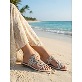 abordables Femmes-Sandales plates scintillantes à strass pour femmes, brides croisées avec anneaux d'orteils, chaussures élégantes et antidérapantes pour des vacances élégantes à la plage.