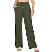 halpa Oleelliset keinotekoiset alaosat-Naisten Puuvillaiset pellavahousut Kiinalainen Kesähousut Suora Loma Perus Vapaa-aika Täyspitkä Korka vyötärö Yhtenäinen väri Tasku Elastinen vyötärönauha Mukava Pehmeä Elastinen ulko- Katu Sininen