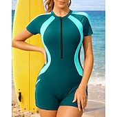 cheap One Pieces Rash Guards-Women's Rash Guard Bathing Suit Swimsuits Patchwork Zip Up UV Protection Elastic Short Sleeve Swimwear Swimsuit Surfing Scuba Swimming Summer