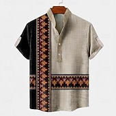 tanie Wzór etniczny-Męskie Wzór geometryczny Etnické Koszula Koszula zapinana na guziki Krótki rękaw Vintage Retro Święto Codzienne Lato Wiosna Stójka Kołnierz Henley Druk 3D Koszula z lnu Ciemny khaki Zielony Khaki